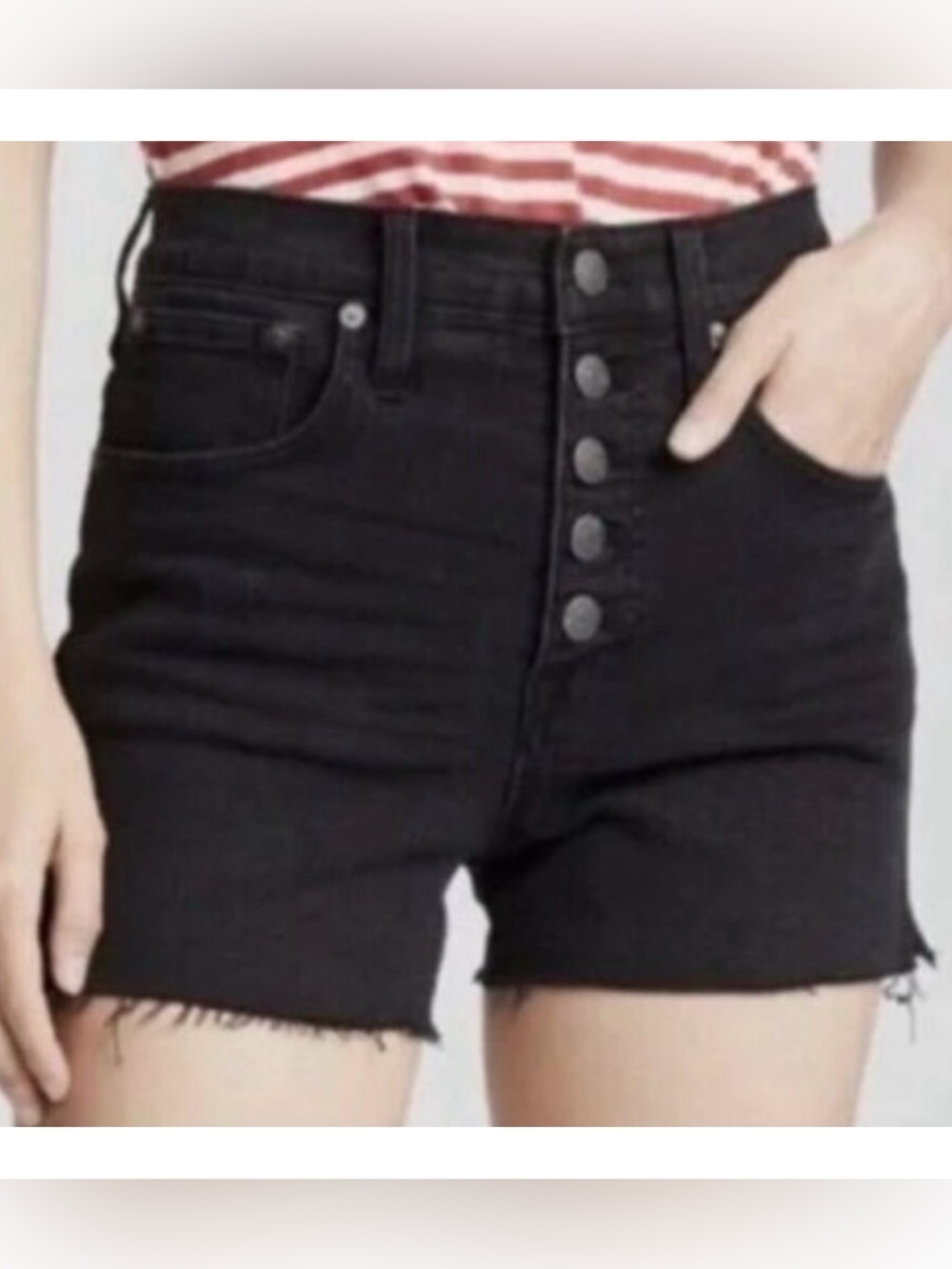 MADEWELL | High-Rise Black Denim Raw Hems Button-Fly Shorts Sz. 25